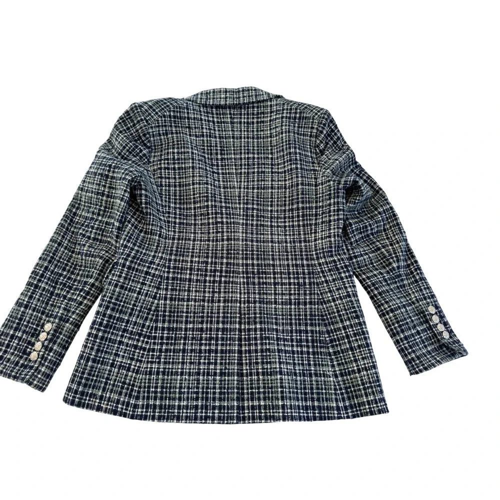 Veronica Beard Cutaway Dickey Blazer 8 Navy Plaid Tweed Quiet Luxury Jacket